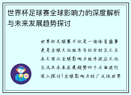 世界杯足球赛全球影响力的深度解析与未来发展趋势探讨
