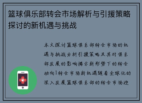 篮球俱乐部转会市场解析与引援策略探讨的新机遇与挑战